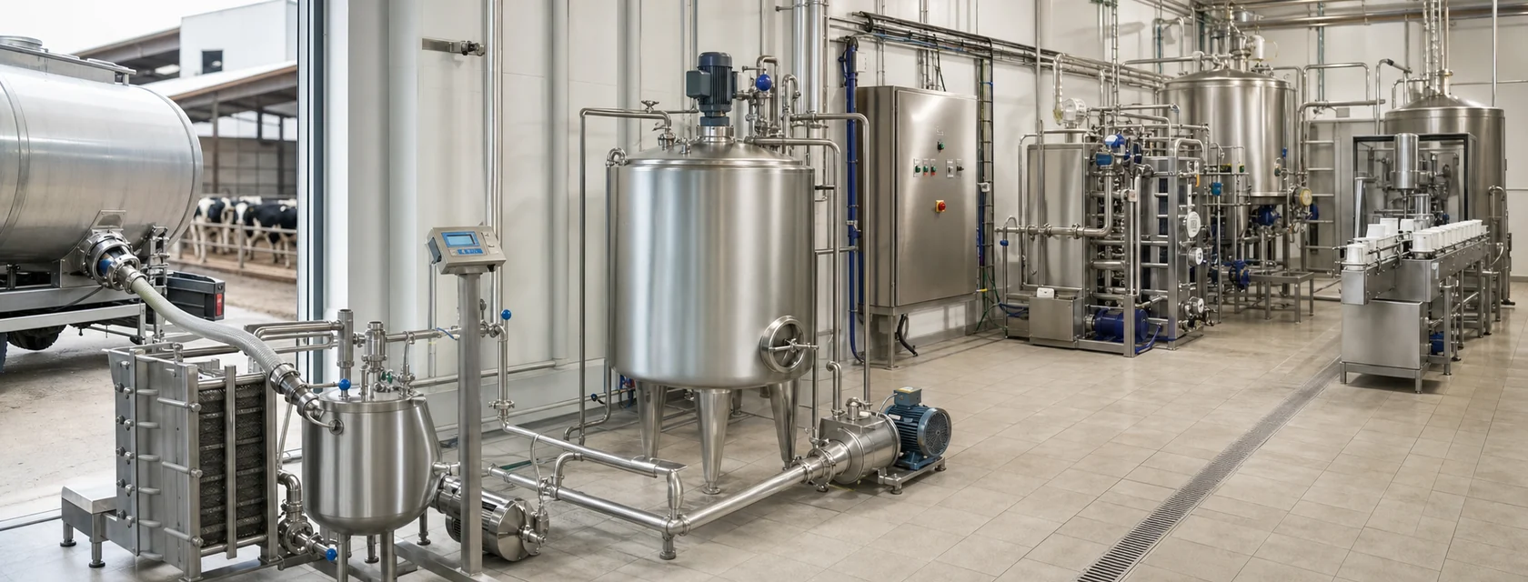 Generic farm-to-processing dairy equipment line with milk reception, hygienic tanks and pasteurizer skid