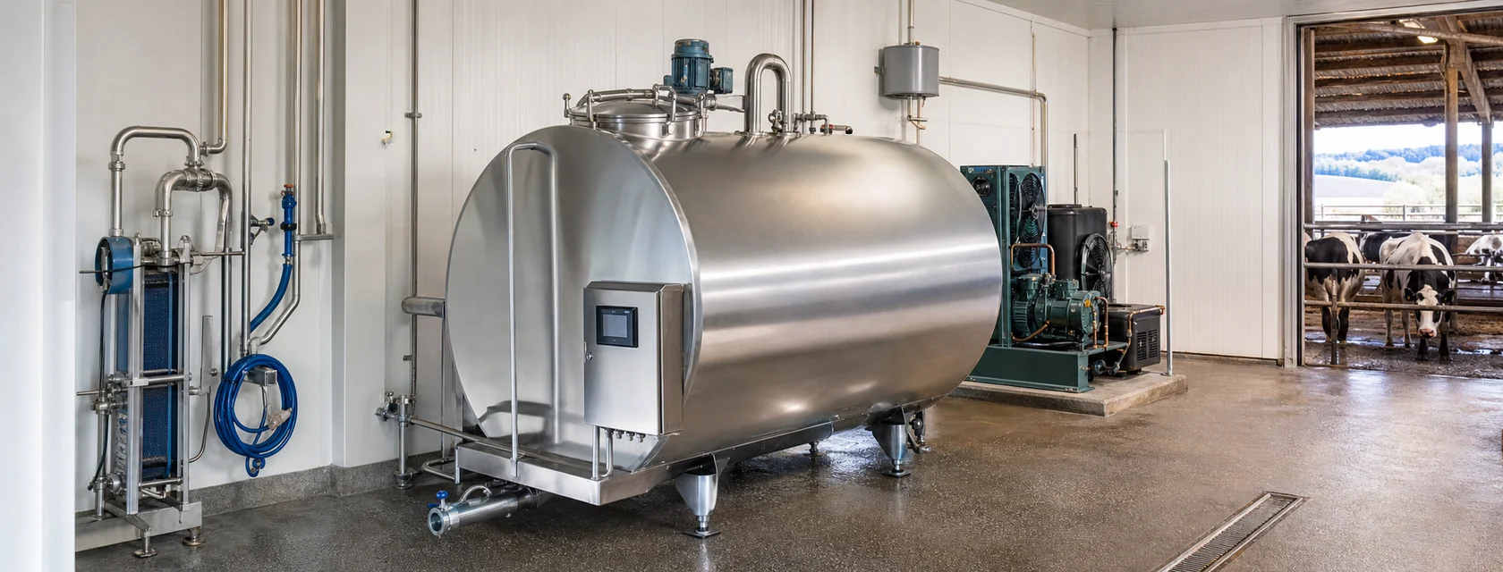 Generic horizontal stainless steel bulk milk cooling tank in a hygienic dairy milk room