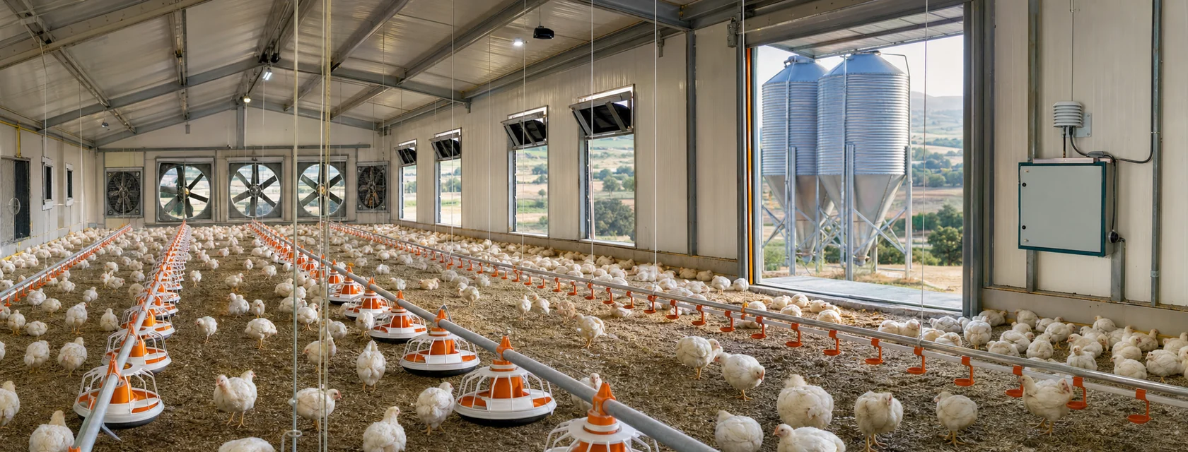 Generic modern poultry house with automatic feeding, nipple drinking, ventilation fans and feed silos