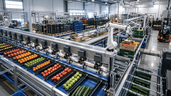 Fruit and vegetable packhouse workers sorting cherry tomatoes on a conveyor line for post-harvest grading and quality control