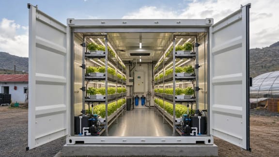 Containerized vertical farm with climate, irrigation and LED grow-light control in an illustrative agricultural technology context in Türkiye