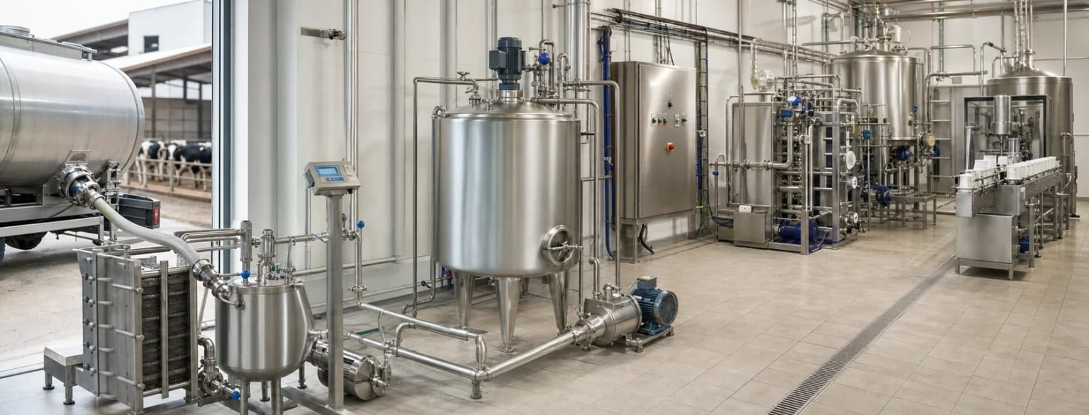 Generic farm-to-processing dairy equipment line with milk reception, hygienic tanks and pasteurizer skid