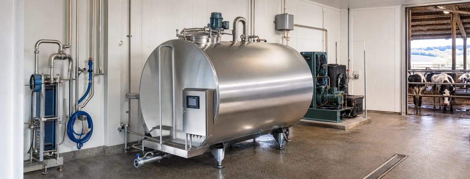 Generic horizontal stainless steel bulk milk cooling tank in a hygienic dairy milk room