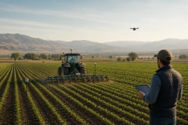 A precision-equipped tractor, field sensors, an agricultural drone and a technician working in a Turkish crop field.