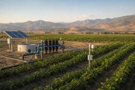 Drip-irrigated crops with filtration, field monitoring and a solar-powered pump in an Anatolian farming landscape.