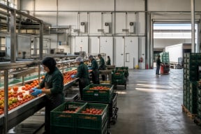 Workers sorting fresh produce in a modern packhouse connected to cold storage and refrigerated logistics.