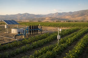 Drip-irrigated crops with filtration, field monitoring and a solar-powered pump in an Anatolian farming landscape.
