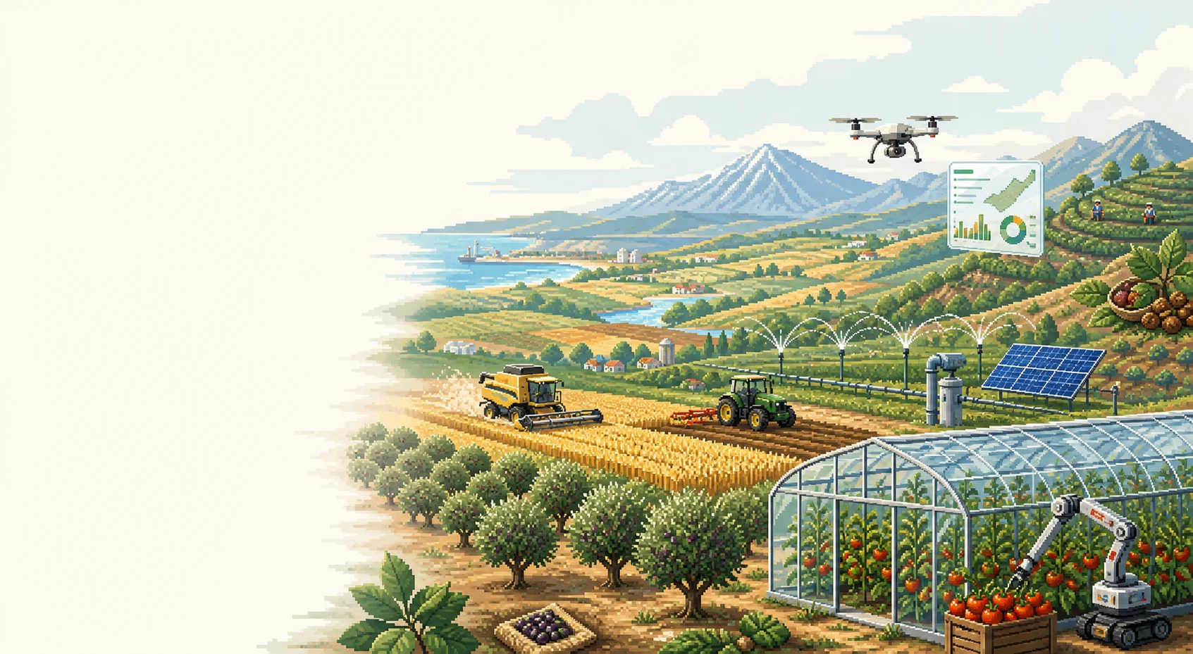 Pixel-art panorama of Türkiye’s production regions with protected crops, orchards, grain harvest, precision irrigation, farm robotics, and analytics.