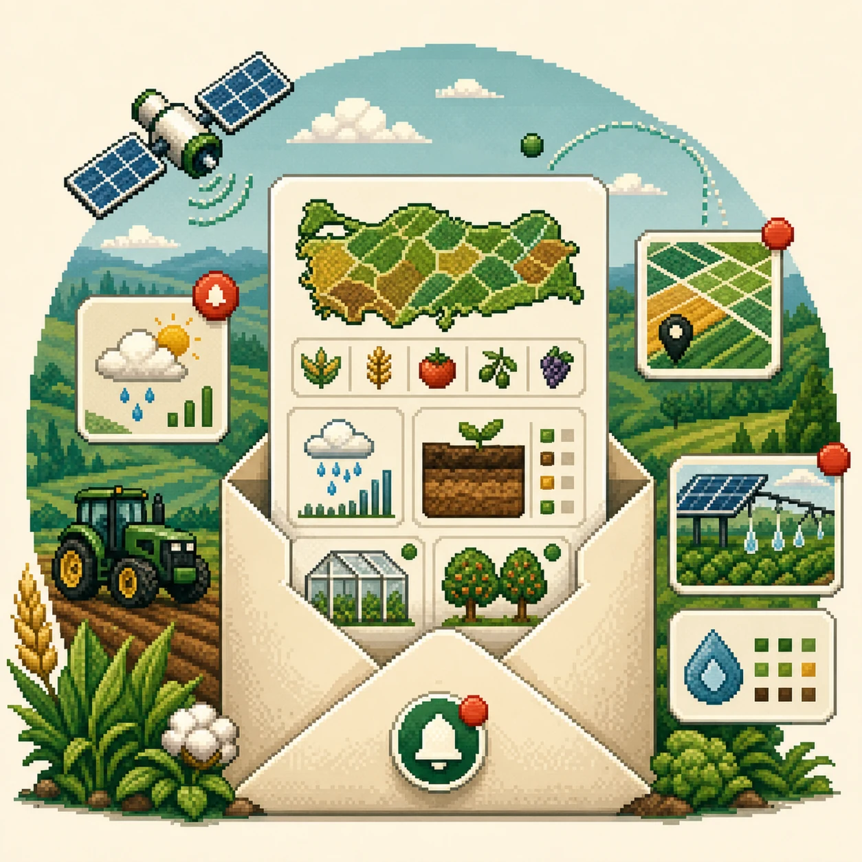 Pixel-art AgriTech Türkiye briefing with a Türkiye crop map, field alerts, weather context, irrigation data, and agricultural analytics.