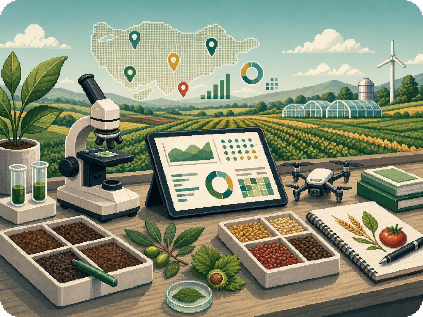 Pixel-art agritech research workspace with a Türkiye map, soil and seed samples, crop observations, a drone, and field-data charts.