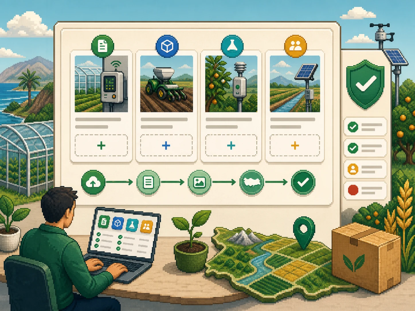 Pixel-art AgriTech Türkiye submission workflow showing upload, editorial review, media checks, and verification against field context.